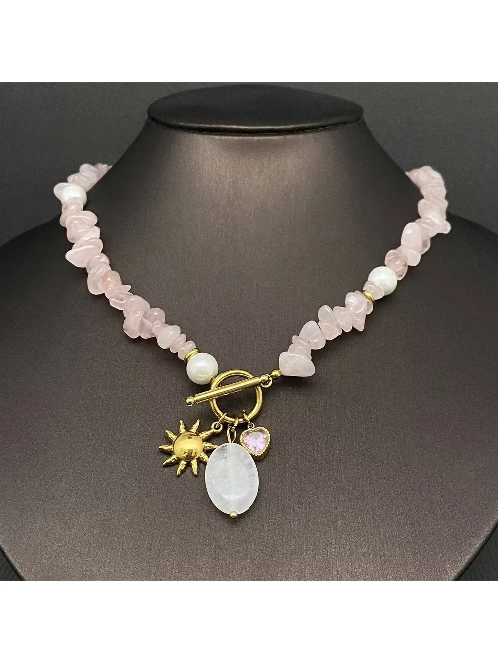 Rose Quartz Chip Necklace with Sun and Heart Charms